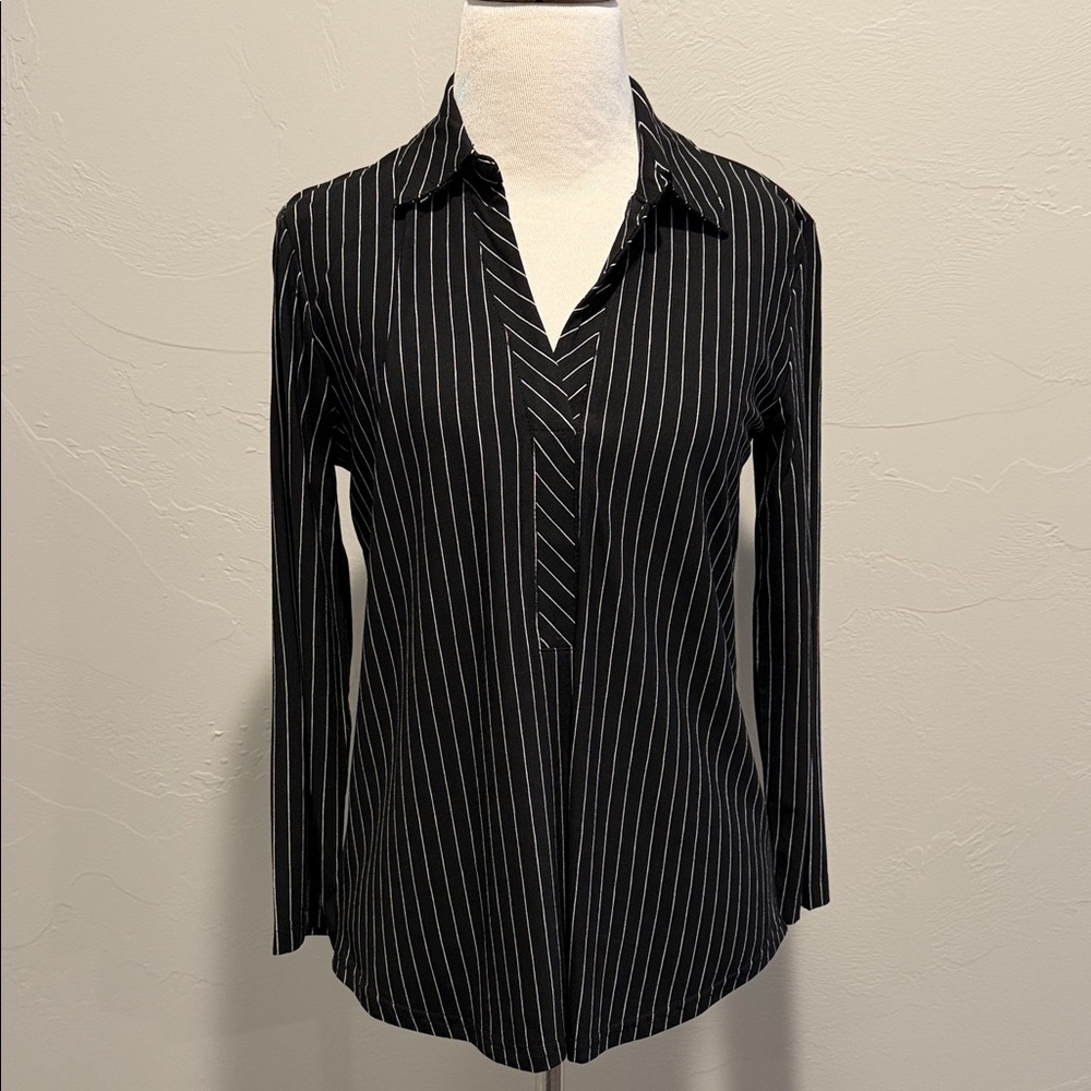 NWT, ladies black with whit stripes top
